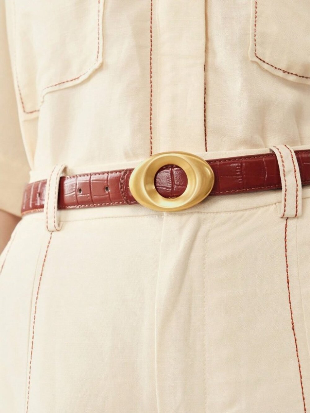 Burgundy Croc-Embossed Belt with Sculptural Gold Oval Buckle